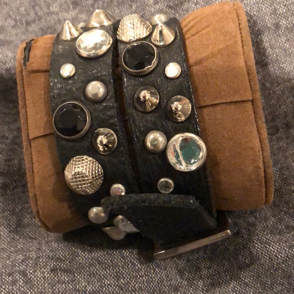 Double Wrap Black Leather Studded Bracelet